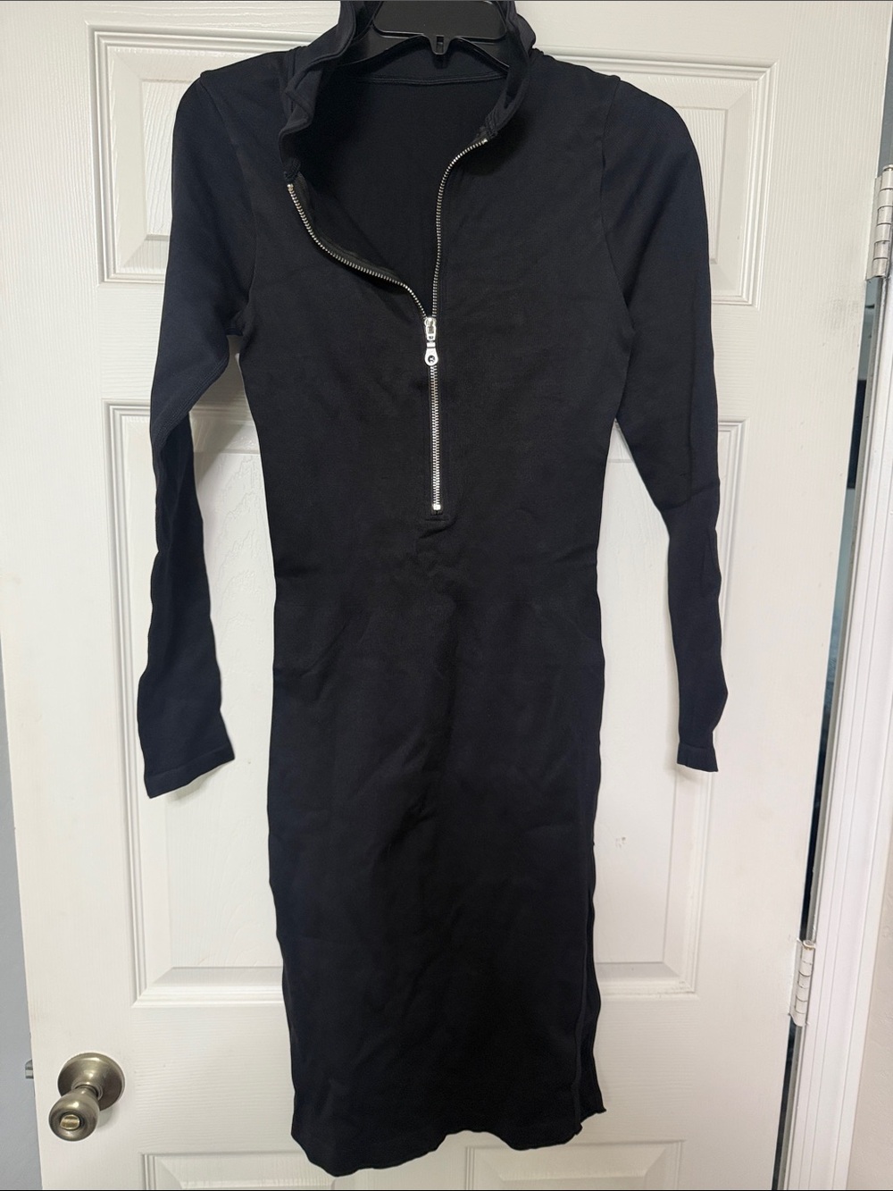 Black Long-Sleeve Zip-Front Midi Dress